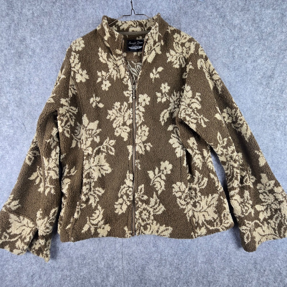 Straight Down Fleece Jacket Womens Medium Brown Floral Full Zip Sherpa Mock Neck
